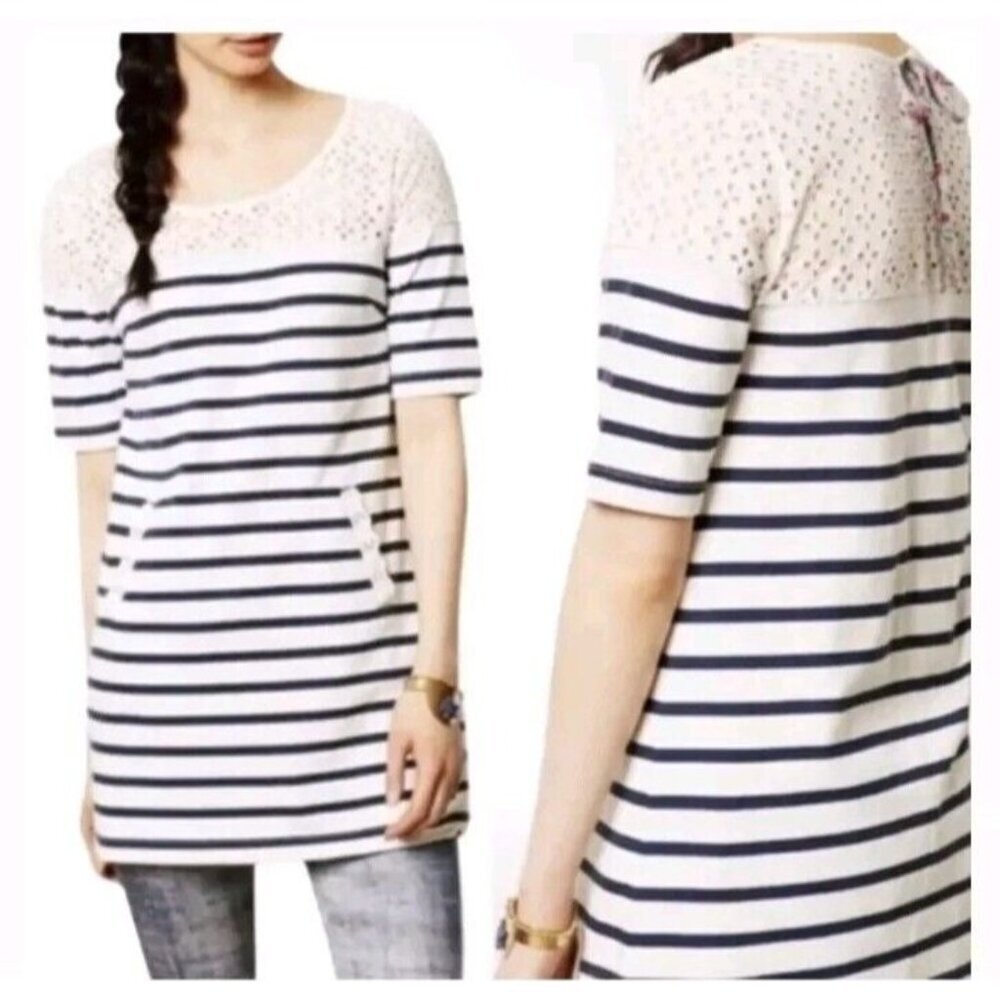 Postmark Anthropologie SL Striped Tunic Top Blue White Size Small Pockets